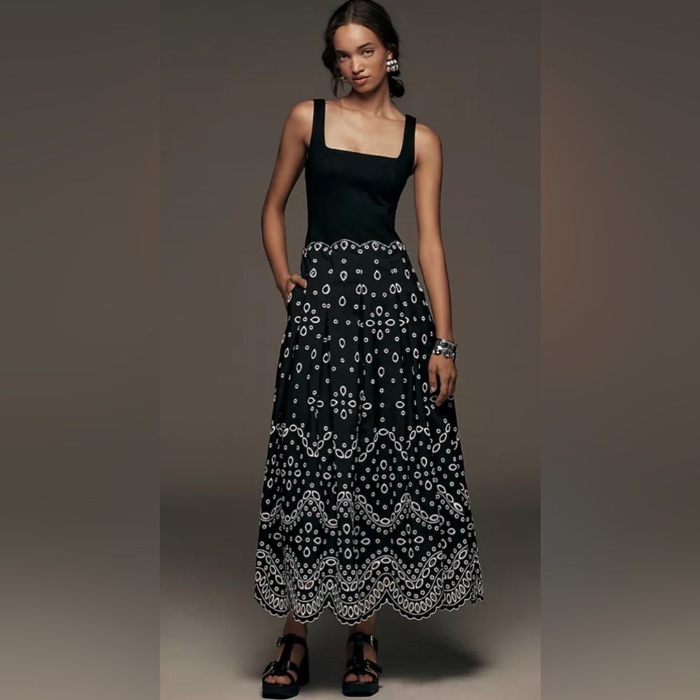 NEW Anthropologie Maeve Sleeveless Square-Neck Eyelet Midi Dress XXS